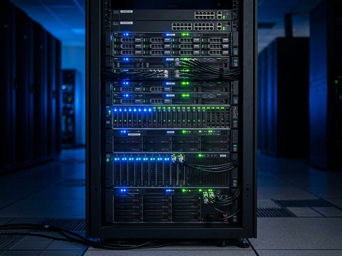 Enterprise server rack with active LED indicators in a professional data center environment
